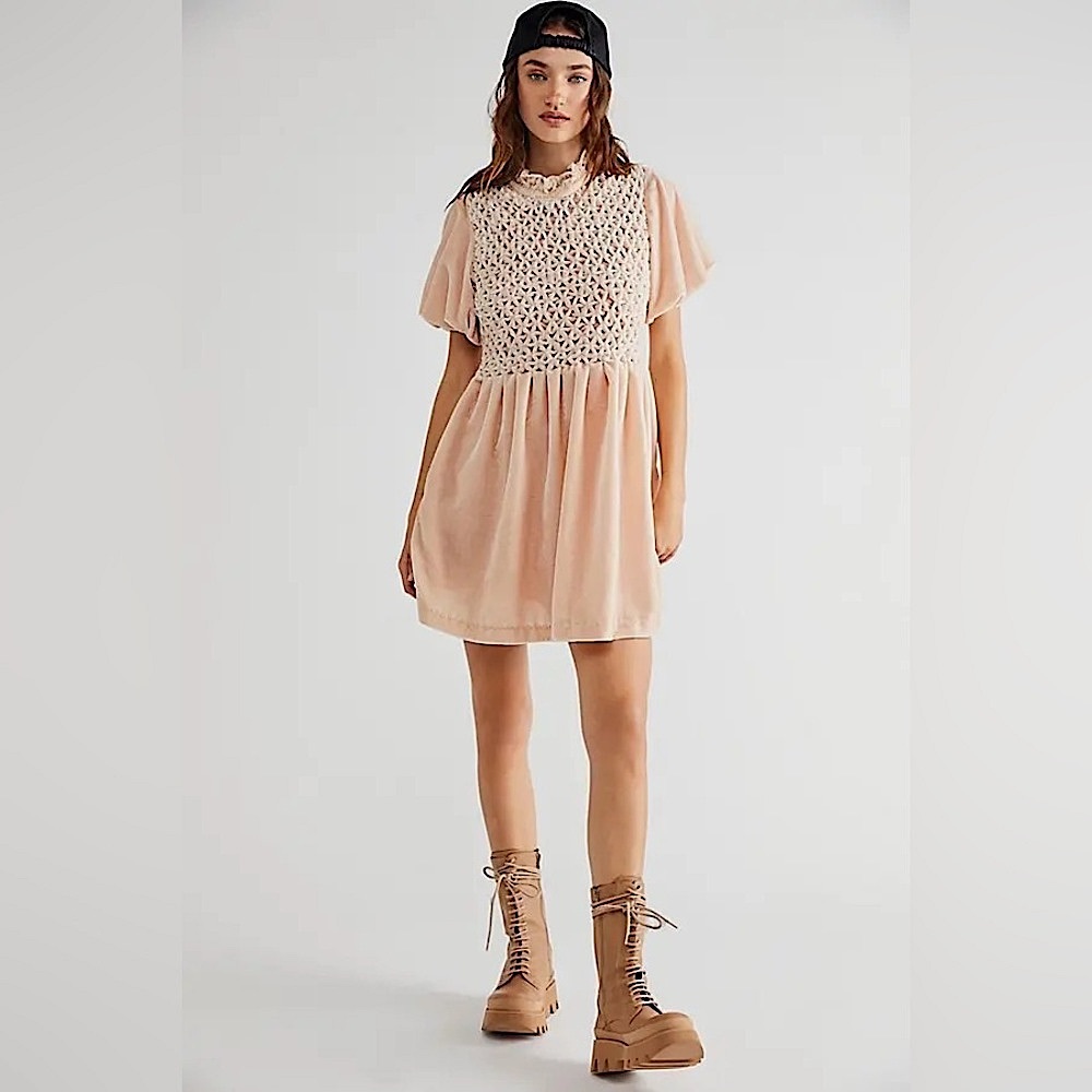 Free People Gumdrop Velvet Mini Dress in Champagne Toast NWOT
